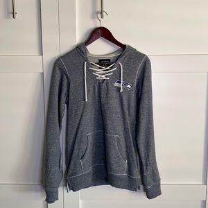 Seattle Seahawks Hooded Sweatshirt Criss-cross Drawstring Heather Blue Sz Small